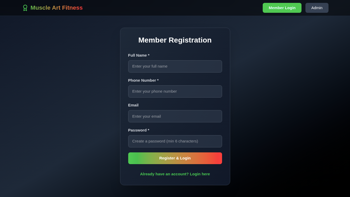 Muscle Art Fitness login screen